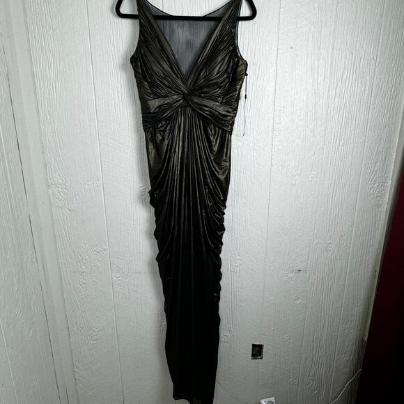 Adrianna Papell Metallic Draped V-Neck Evening Gown - Ruched Formal Dress Size 8 - Picture 2 of 13